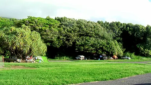 The Kīpahulu Campground lawn with tents and vehicles backed against the dense tree line