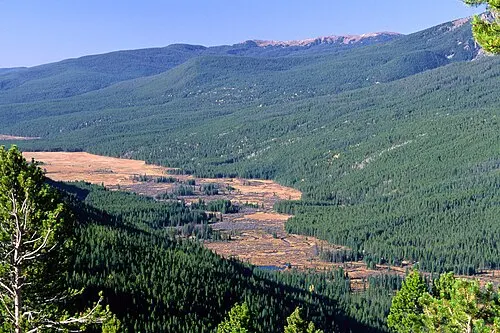 The forested Kawuneeche Valley on the west side of Rocky Mountain National Park, the country the Green Mountain Trail climbs above.