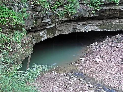 The River Styx spring pool on the Mammoth Cave Ridge, still water under a sandstone overhang at the foot of the slope