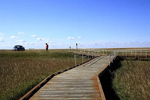 The accessibility boardwalk with its steel railings crossing open mixed-grass prairie at Prairie Wind Overlook to an interpretive sign