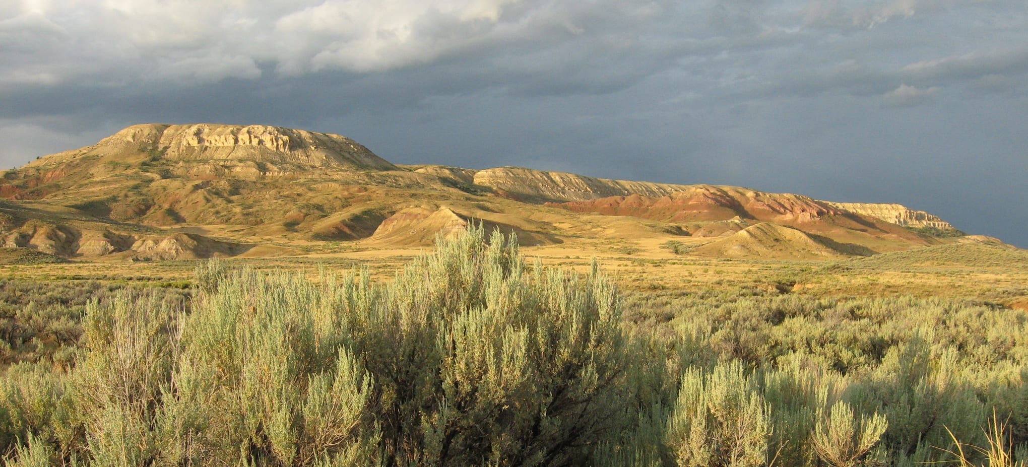 A flat-topped butte with a pale limestone caprock and a band of red rock below it, standing above open sagebrush under a dark storm sky.