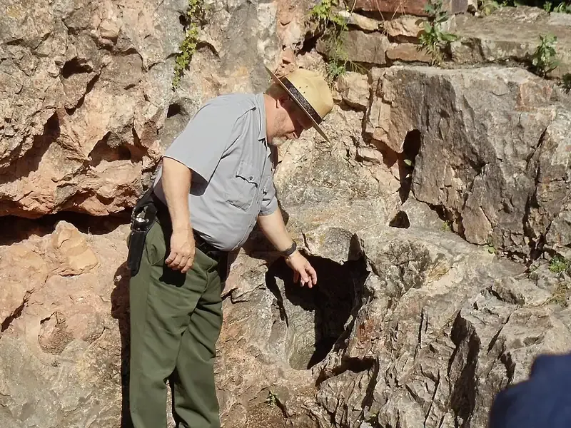A park ranger in a flat hat leaning over the narrow natural entrance of Wind Cave and pointing into the opening in the rock.