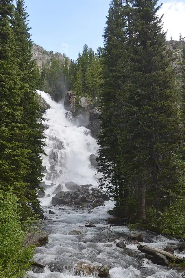 Whitewater dropping over stacked granite ledges into a boulder-choked creek, framed by tall spruce on both banks.