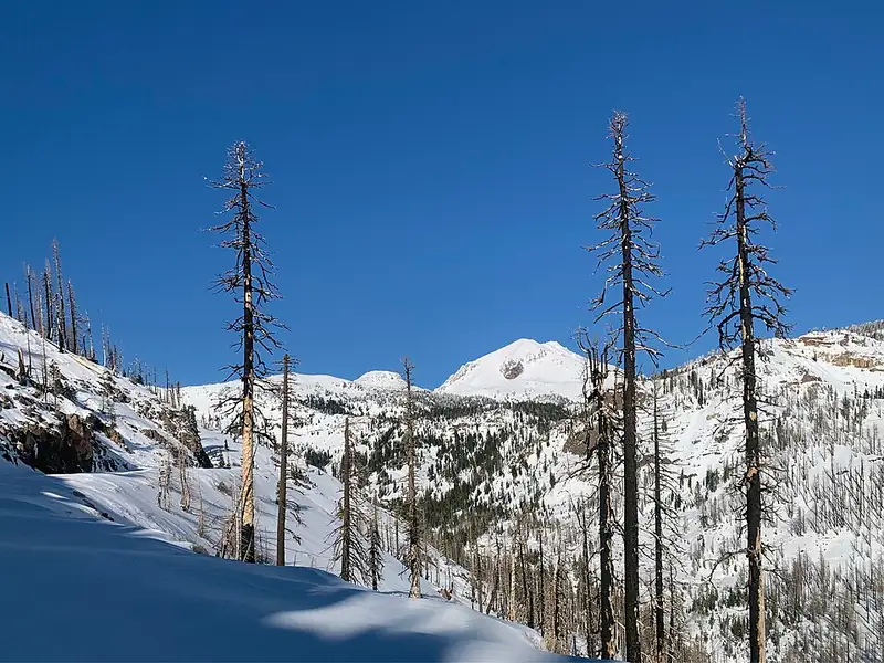 Snow covers hills and trees across Lassen Volcanic National Park.