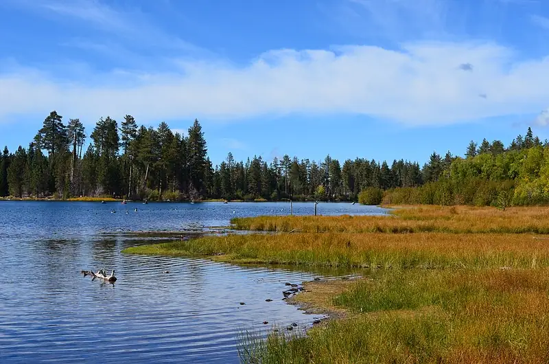 Calm water at Manzanita Lake reflects trees and the mountains behind it in fall.