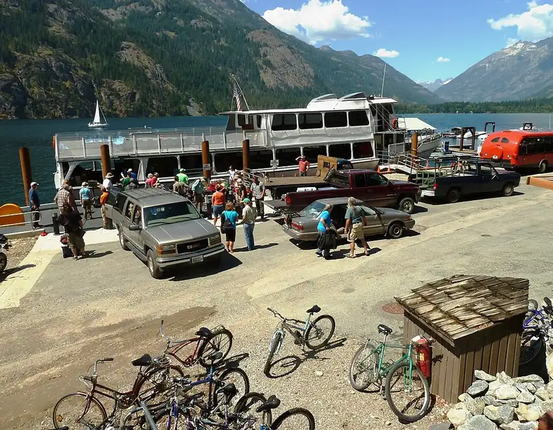A passenger ferry unloading people and bicycles at the Stehekin Landing on Lake Chelan.